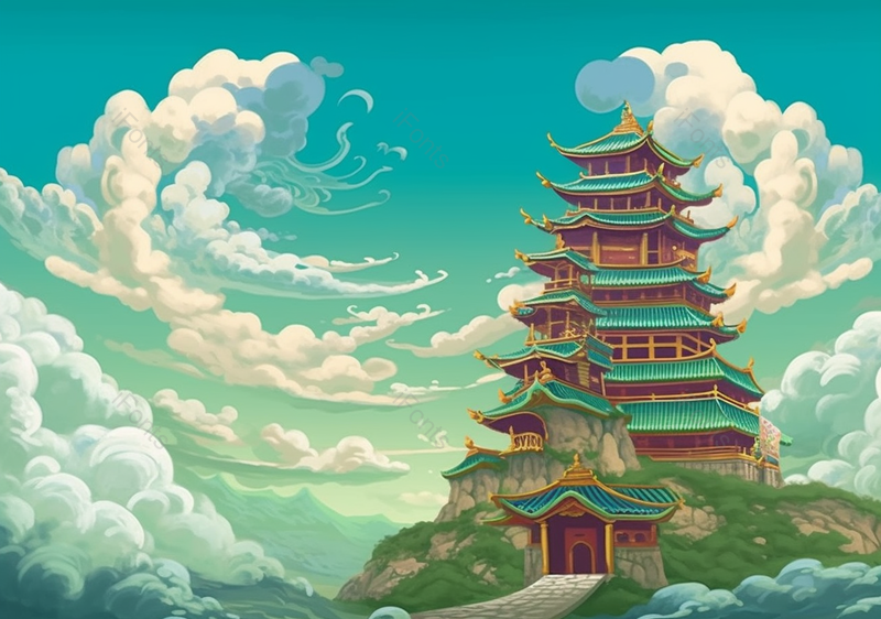 国潮古建筑景点插画背景,插画/手绘图,插画/手绘图库,插画/手绘图下载,插画/手绘